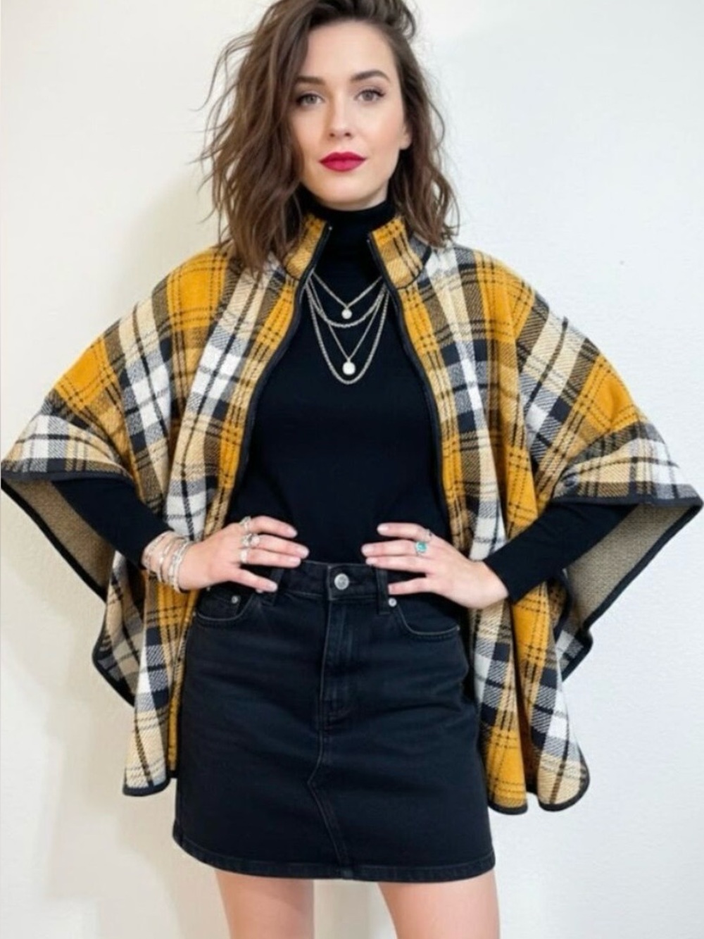 Jones of New York Yellow Plaid Cape Poncho
